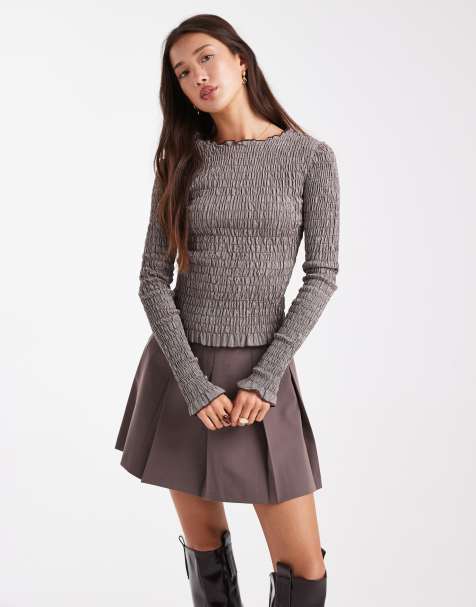 Daisy Street shirred long sleeve top in brown stripe - view 1