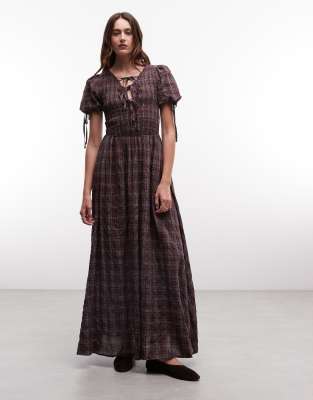 Daisy Street Shirred Maxi Dress With Tie Front In Brown