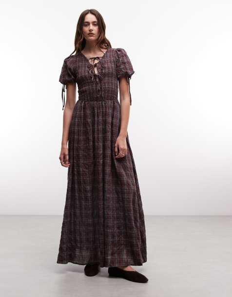 Daisy Street shirred maxi dress with tie front in purple check - view 1