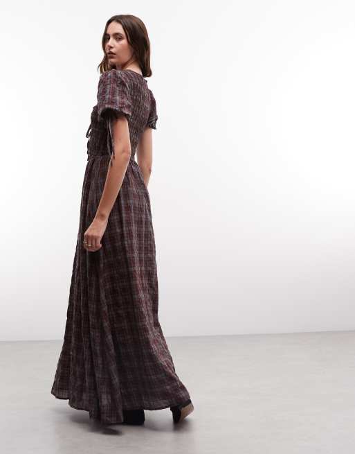 Daisy Street shirred maxi dress with tie front in purple check, 3 of 4
