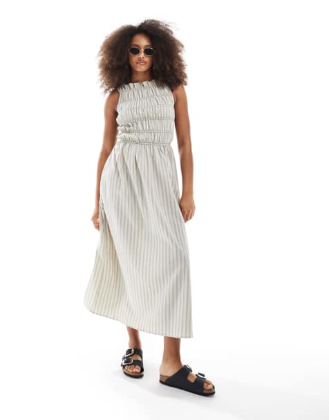 Daisy Street shirred midaxi dress in beige stripe - view 1