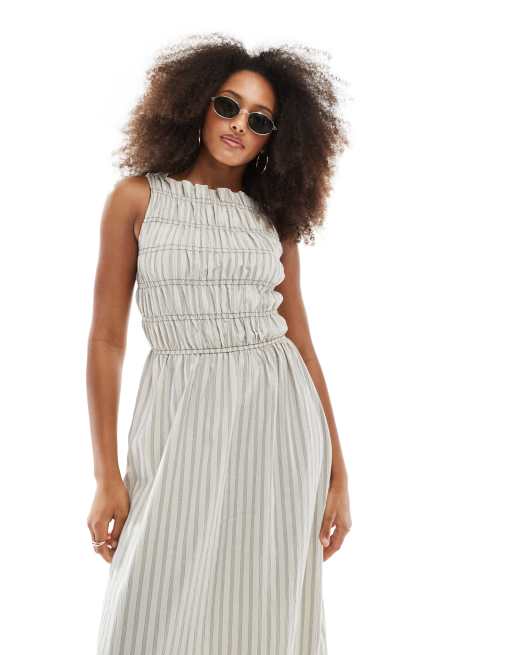 Daisy Street shirred midaxi dress in beige stripe, 3 of 4