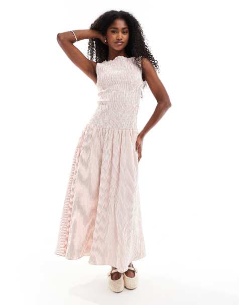 Daisy Street shirred midaxi drop waist hem dress in red stripe - view 1
