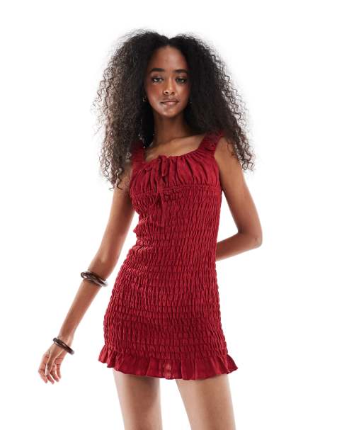 Daisy Street shirred milkmaid style mini dress with frilled hem in red - view 1