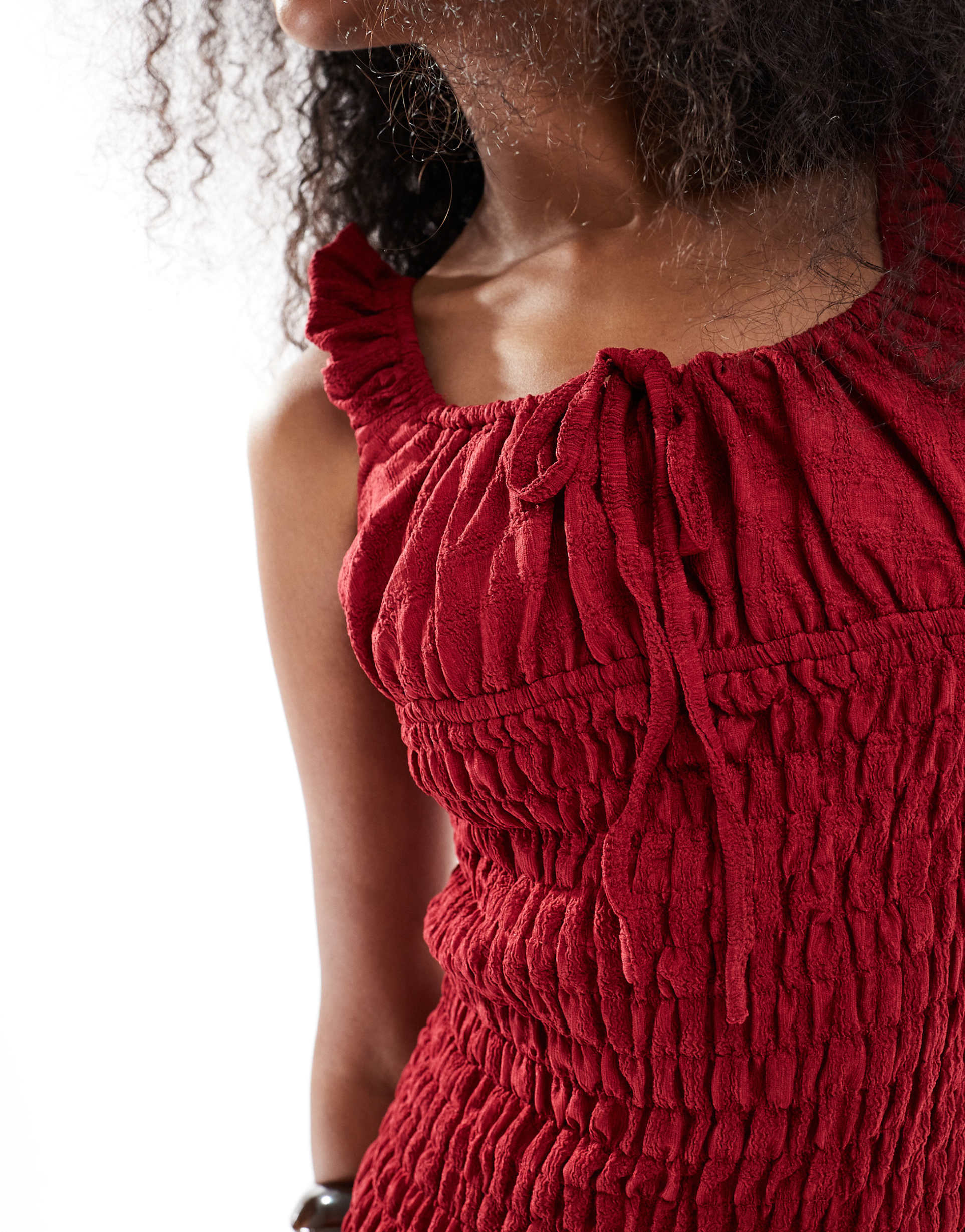 daisy street shirred milkmaid style mini dress with frilled hem in red