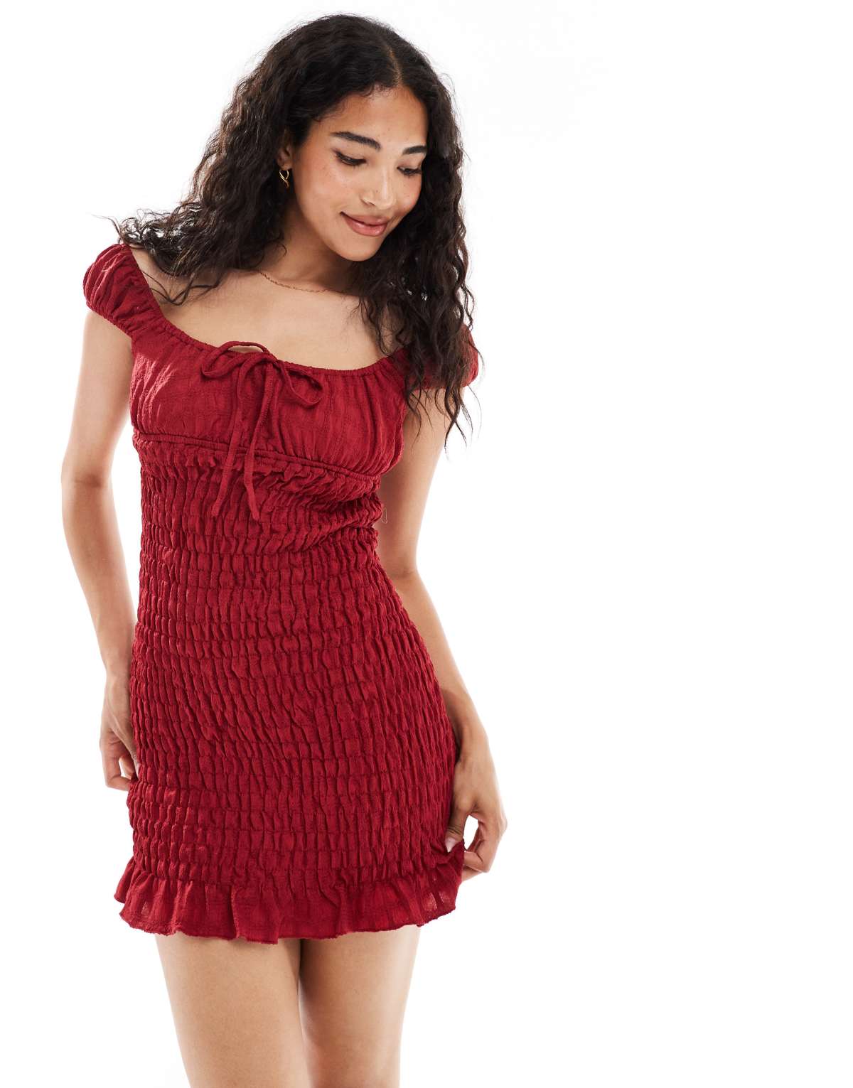 Daisy Street shirred milkmaid style mini dress with frilled hem in red