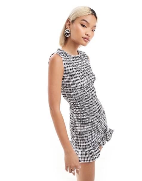 Daisy Street shirred mini frill hem dress in black gingham - view 1