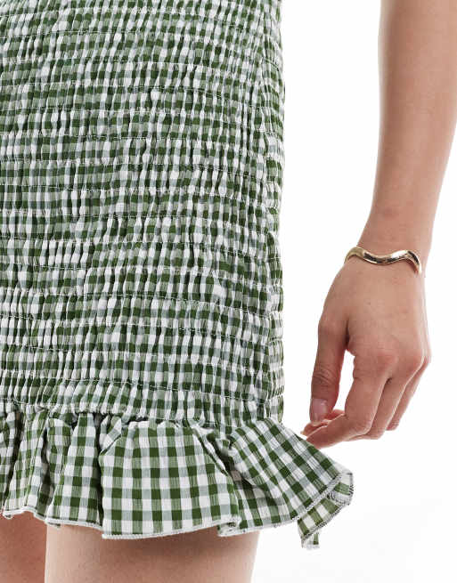 Daisy Street shirred mini frill hem dress in green gingham