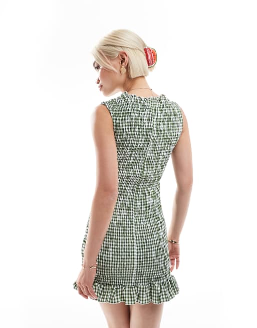 Daisy Street shirred mini frill hem dress in green gingham