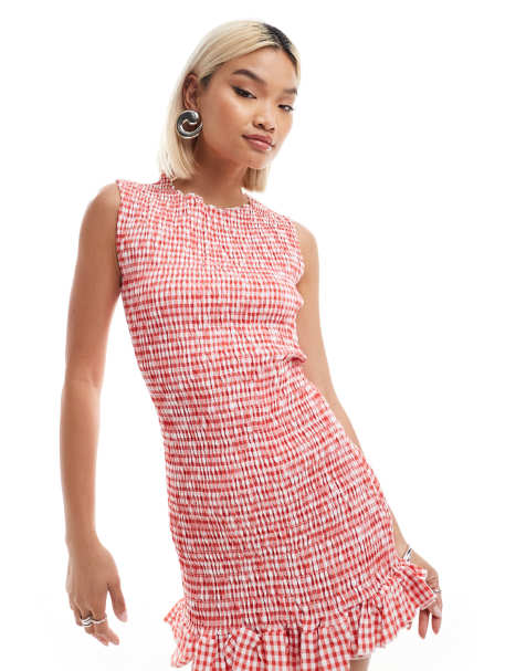 Daisy Street shirred mini frill hem dress in red gingham