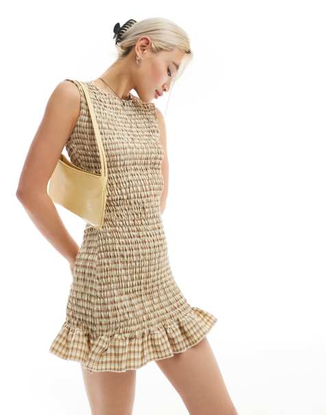 Daisy Street shirred mini frill hem dress in tan gingham - view 1