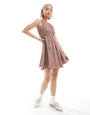 Daisy Street shirred mini tea dress in brown pink ditsy-Multi