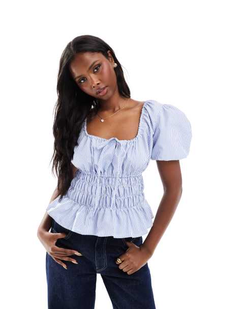 Daisy Street shirred off shoulder puff sleeve top in blue stripe - view 1