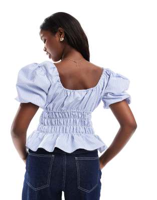 Shop Daisy Street Shirred Off-shoulder Puff Sleeve Top In Blue