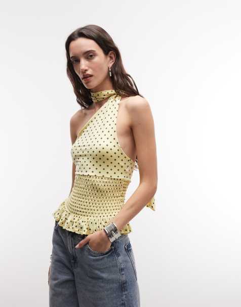 Daisy Street shirred scarf halter top in yellow polka dot - view 1