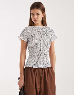 Daisy Street shirred short sleeve top in black polka dots black 7490₽