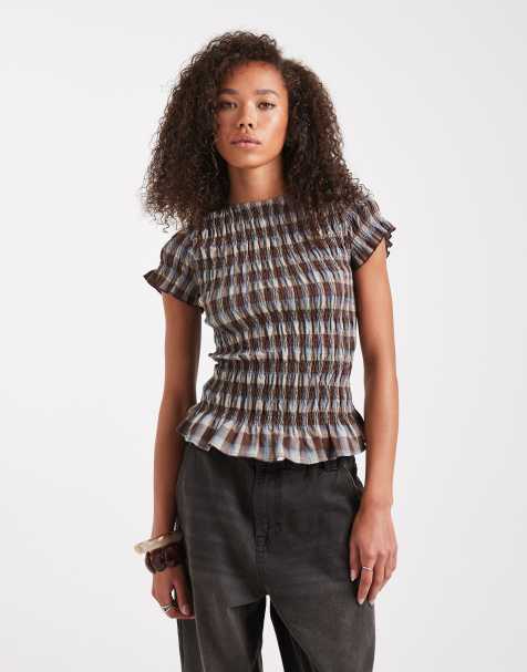 Daisy Street shirred short sleeve top in blue brown check - view 1