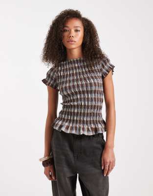Daisy Street shirred short sleeve top in blue brown plaid-Multi