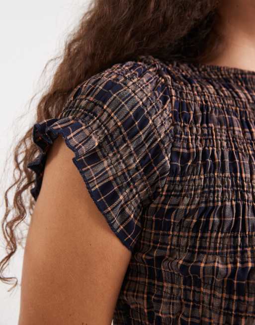 Daisy Street shirred short sleeve top in blue orange check, 3 of 4