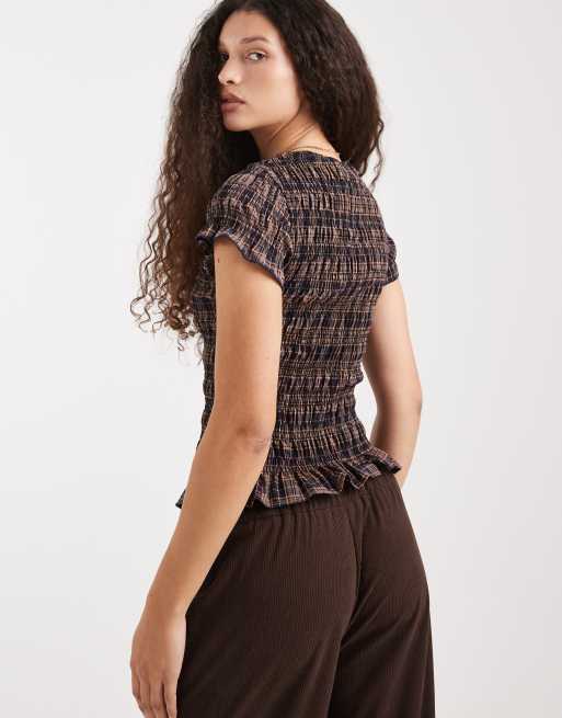 Daisy Street shirred short sleeve top in blue orange check, 4 of 4
