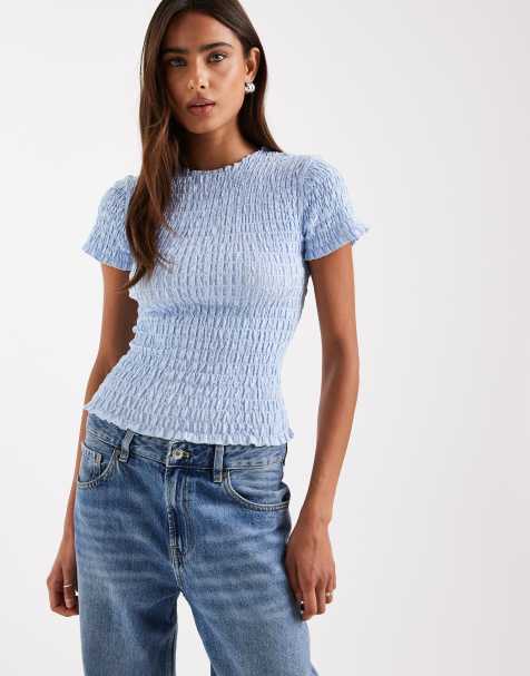 Daisy Street shirred short sleeve top in blue stripe - view 1