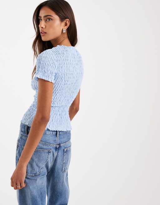 Daisy Street shirred short sleeve top in blue stripes, 2 of 4