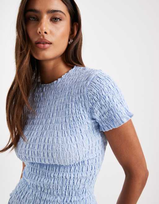 Daisy Street shirred short sleeve top in blue stripes, 4 of 4
