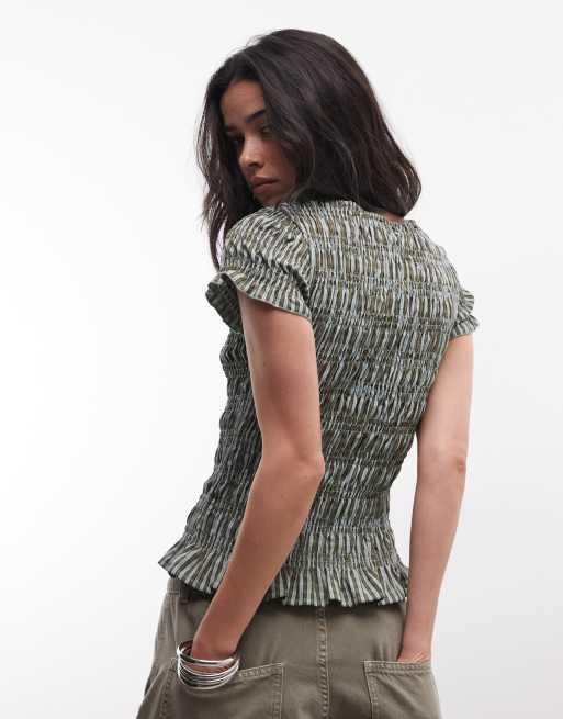 Daisy Street shirred short sleeve top in green blue check, 4 of 4