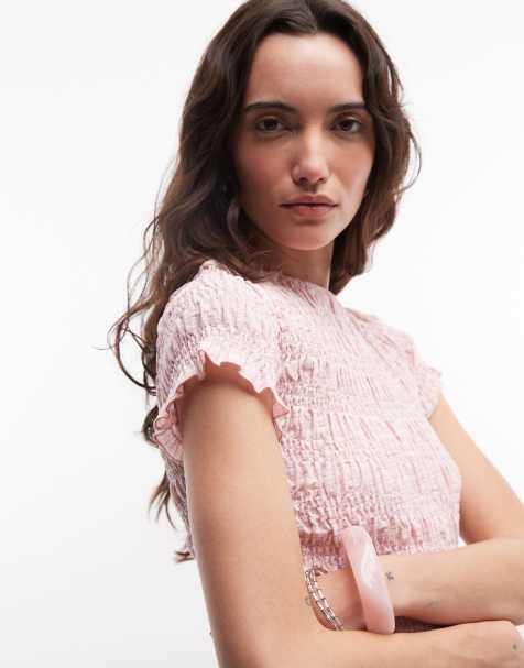 Daisy Street shirred short sleeve top in mix pink plaid - view 1