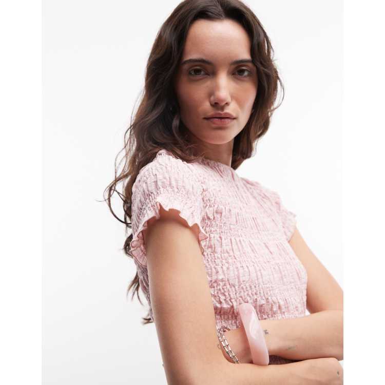 Daisy Street shirred short sleeve top in mix pink plaid | ASOS