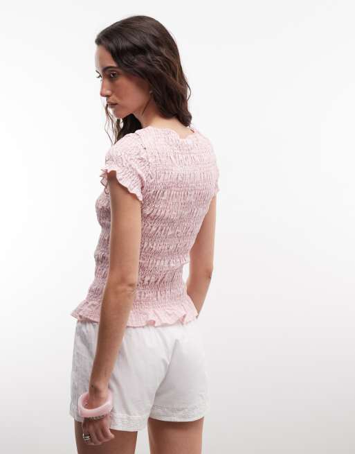 Daisy Street shirred short sleeve top in mix pink plaid, 3 of 4