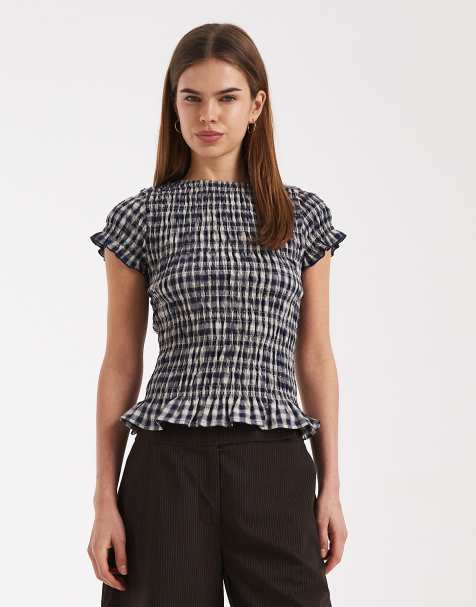 Daisy Street shirred short sleeve top in navy check - view 1
