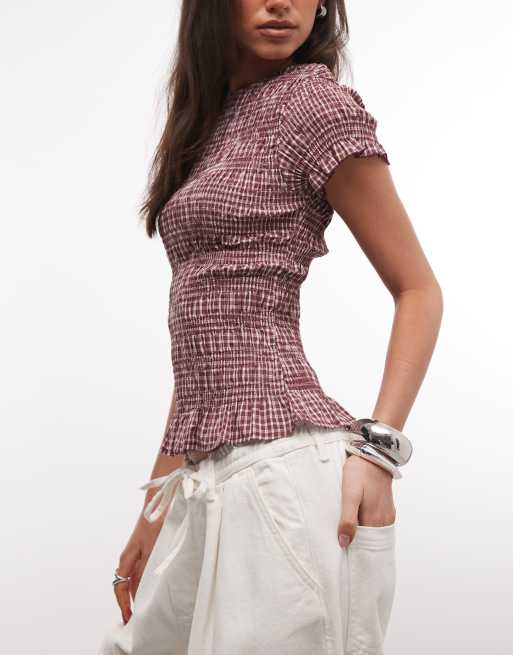 Daisy Street shirred short sleeve top in pink check, 3 of 4