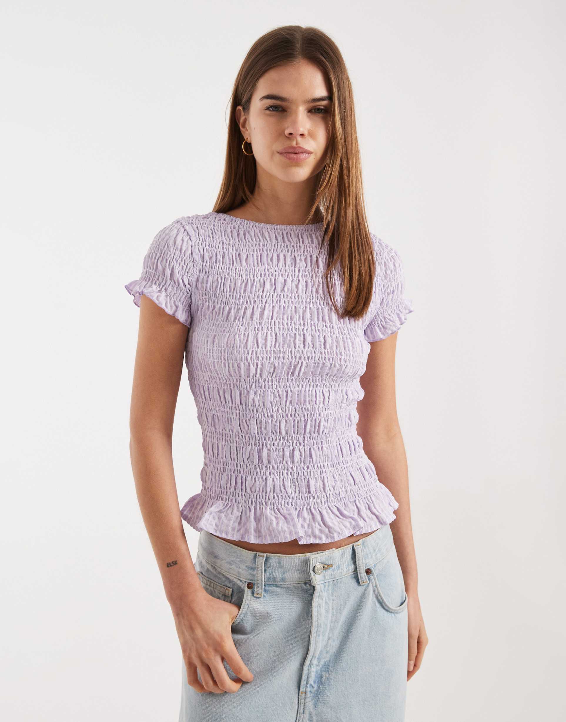 daisy street shirred short sleeve top in pink stripes