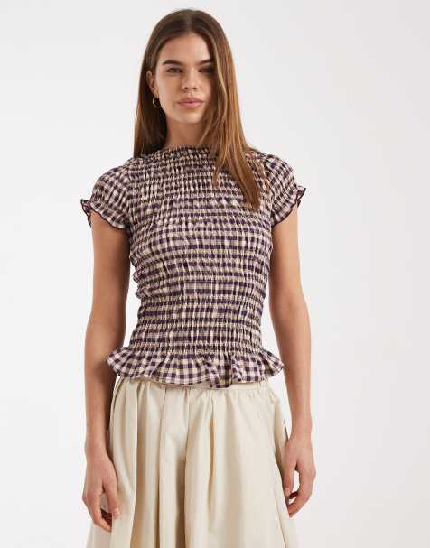 Daisy Street shirred short sleeve top in purple check - view 1