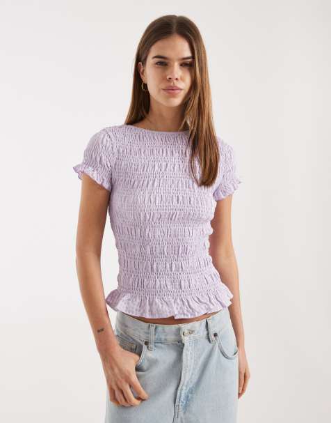 Daisy Street shirred short sleeve top in purple stripe - view 1