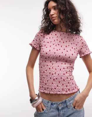 Daisy Street Shirred Short Sleeve Top In Multi