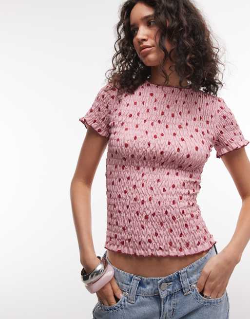 Daisy Street shirred short sleeve top in red pink polka dot print