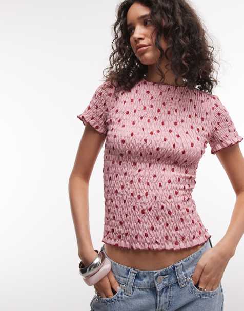 Daisy Street shirred short sleeve top in red pink polka dot - view 1