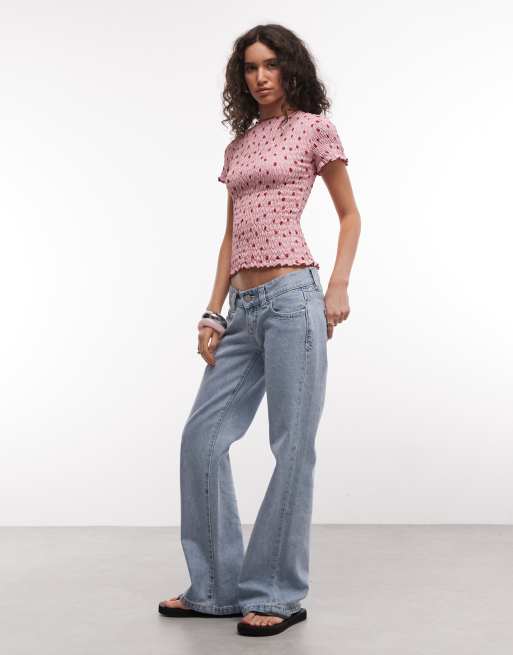 Daisy Street shirred short sleeve top in red pink polka dot, 2 of 4