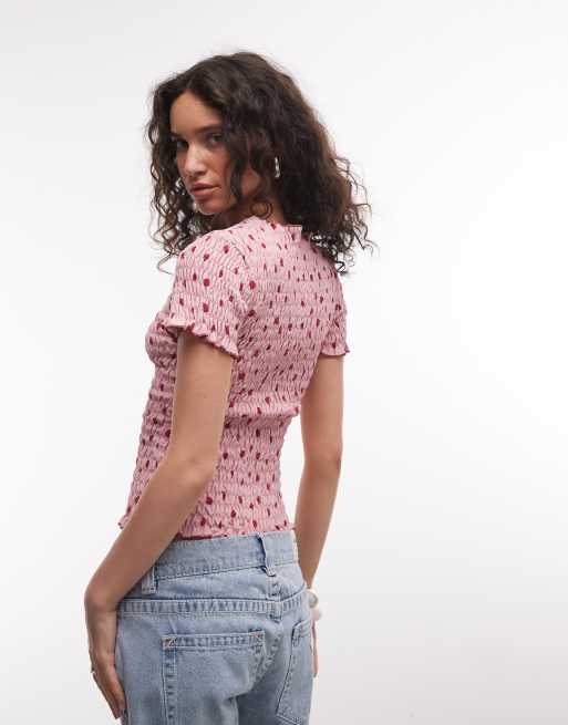 Daisy Street shirred short sleeve top in red pink polka dot, 4 of 4