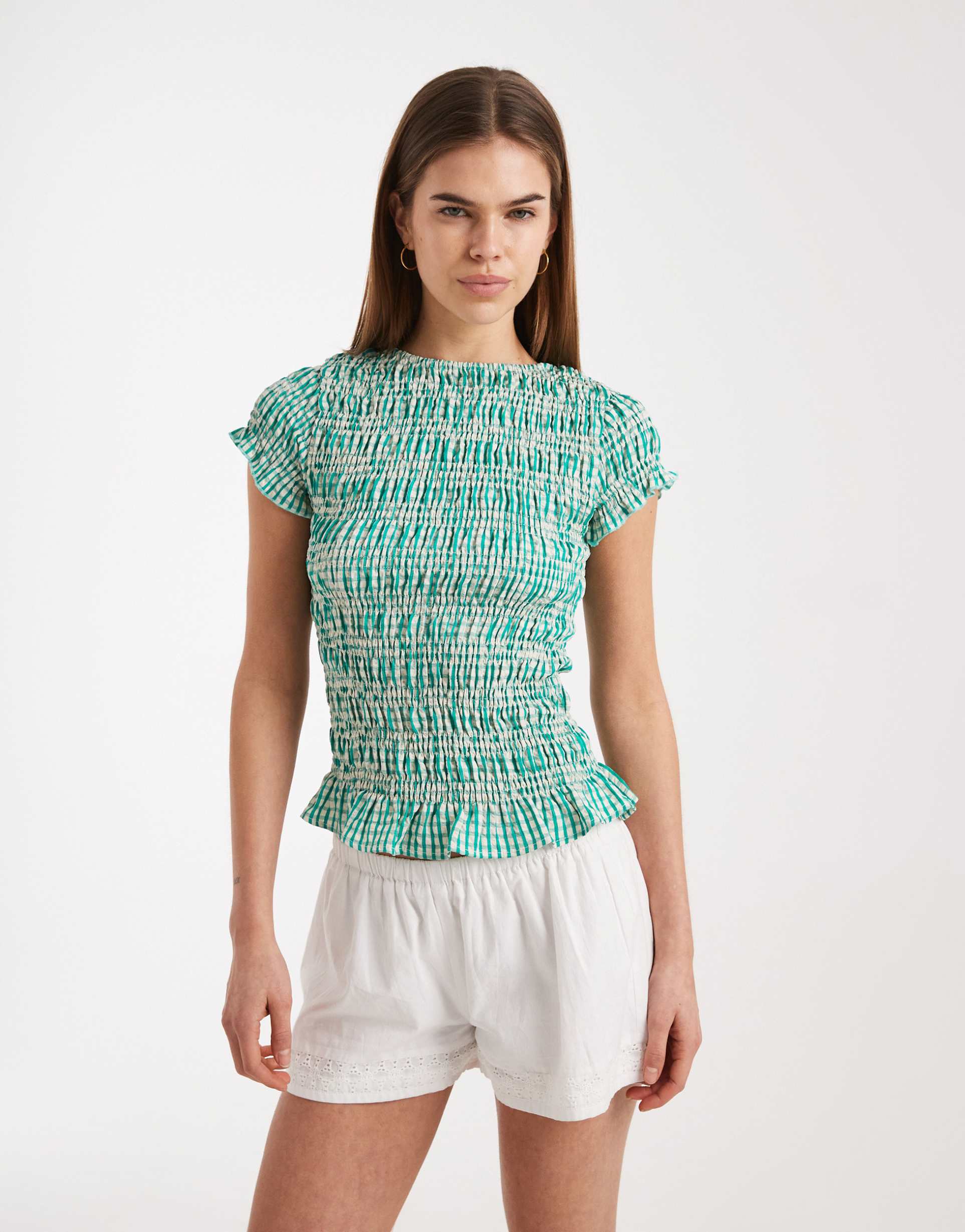 daisy street shirred short sleeve top in teal plaid