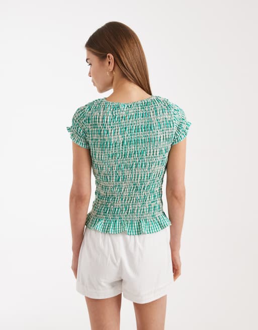 Daisy Street shirred short sleeve top in teal plaid, 4 of 4