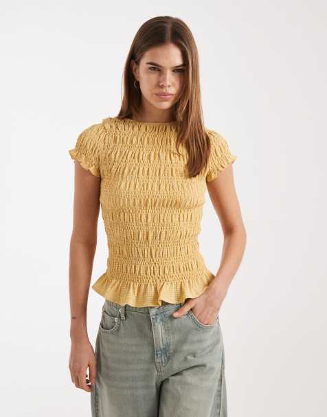 Daisy Street shirred short sleeve top in yellow check - view 1