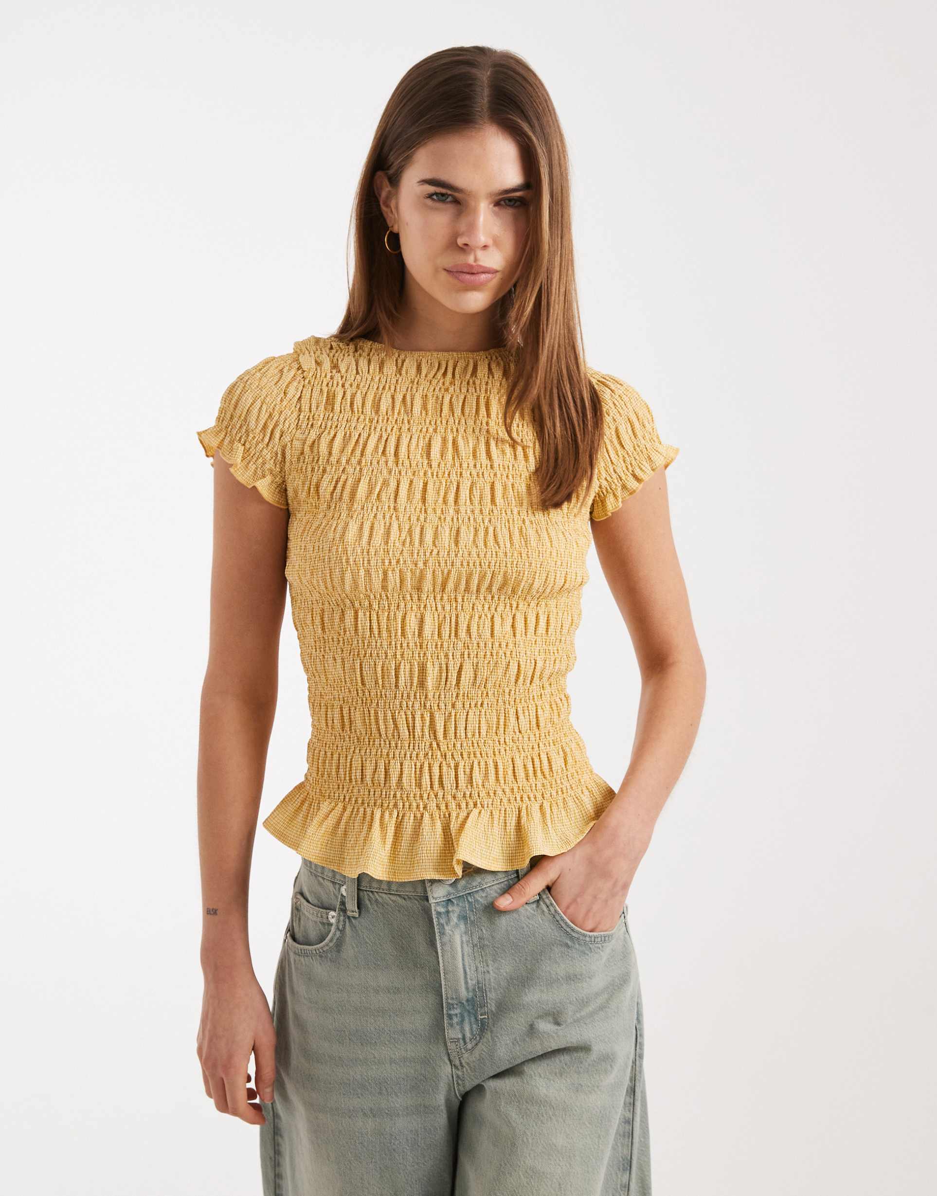 daisy street shirred short sleeve top in yellow plaid