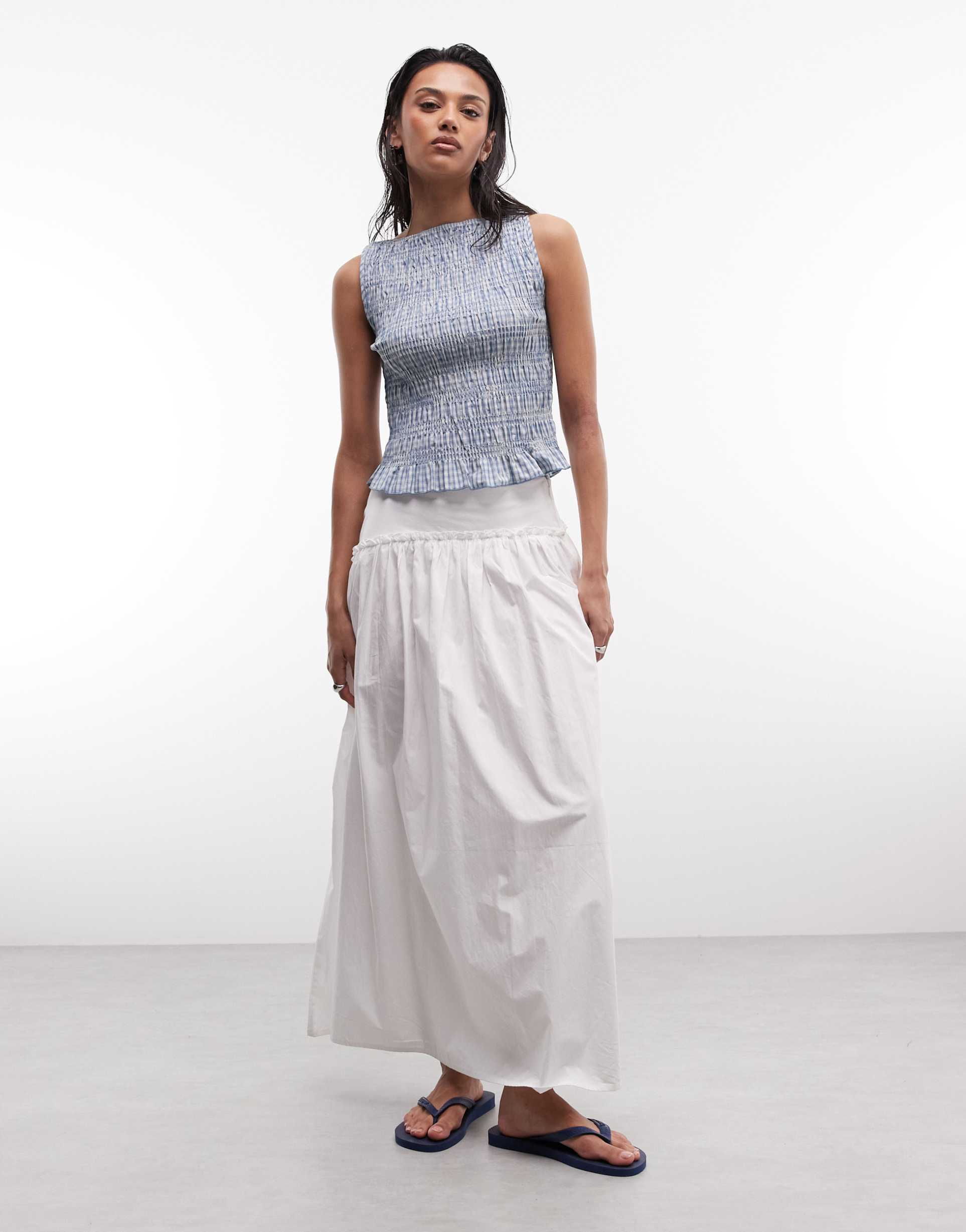 daisy street shirred sleeveless top in blue plaid