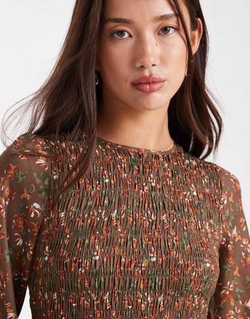 Daisy Street shirred smock mini dress in 70s brown ditsy floral
