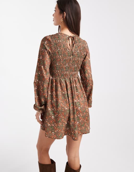 Daisy Street shirred smock mini dress in 70s brown ditsy floral
