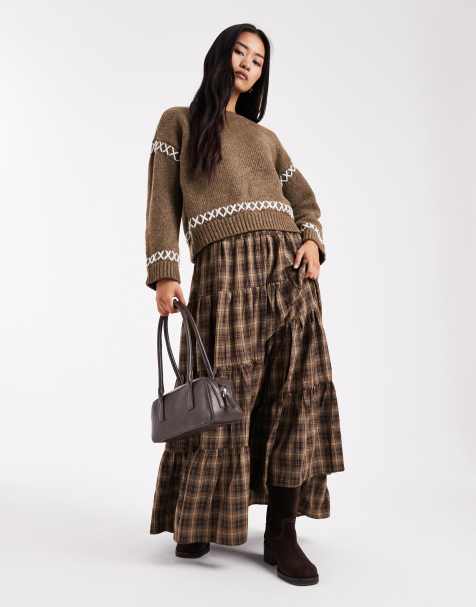 Daisy Street shirred tiered maxi skirt in brown check - view 1