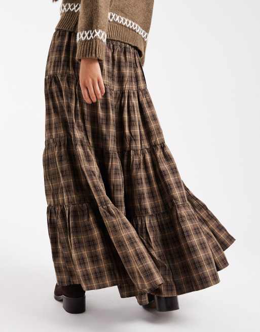 Daisy Street shirred tiered maxi skirt in brown check, 2 of 5